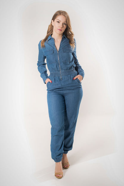 Front Zip Denim Jumpsuit - Medium Wash