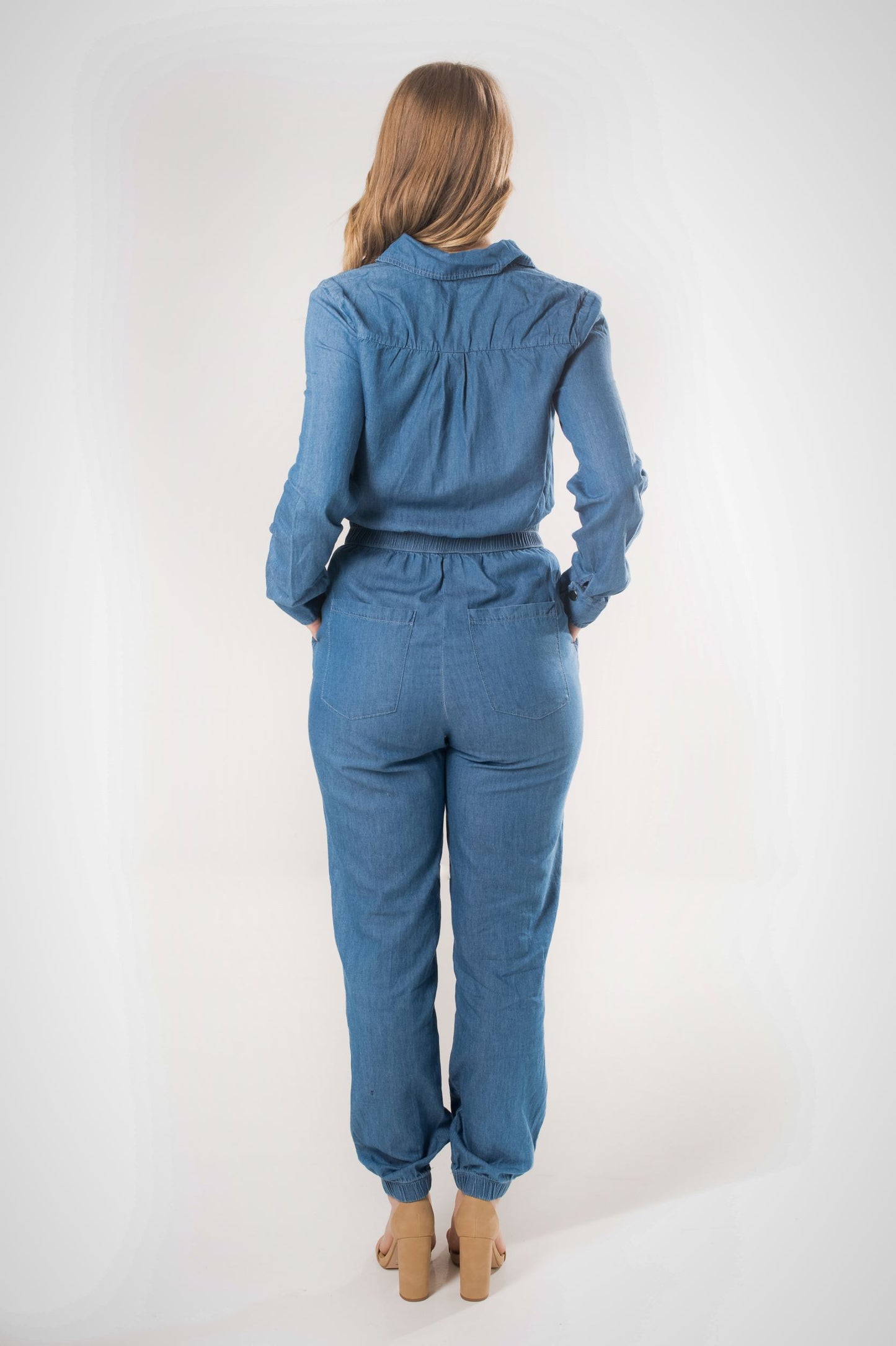 Front Zip Denim Jumpsuit - Medium Wash