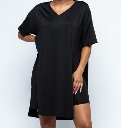 Solid V - Neck Top and Biker Shorts Set - Black