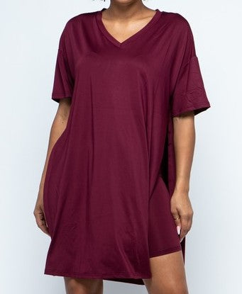 Solid V - Neck Top and Biker Shorts Set - Burgundy