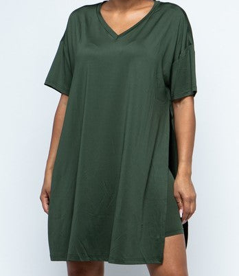 Solid V - Neck Top and Biker Shorts Set - Olive Green