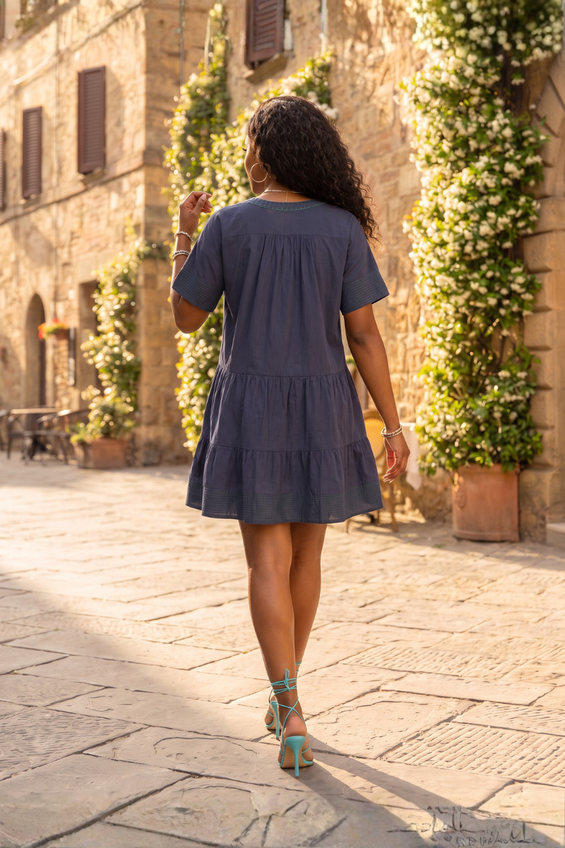 Valentina Embroidered Tiered Dress - Blue