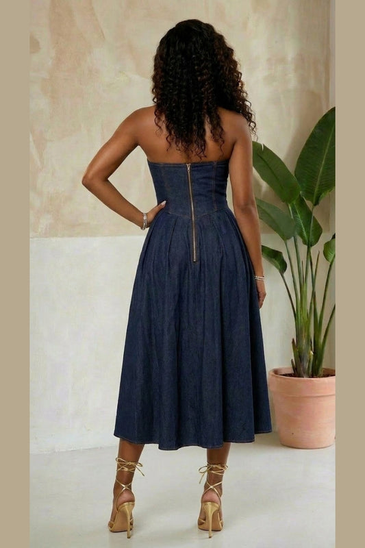 Noire Strapless Denim Midi Dress