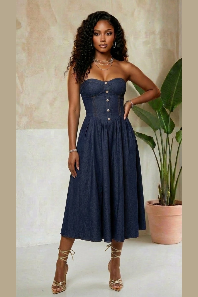 Noire Strapless Denim Midi Dress