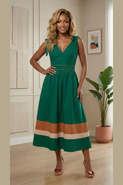 Emerald Grace Tie-Shoulder Midi Dress