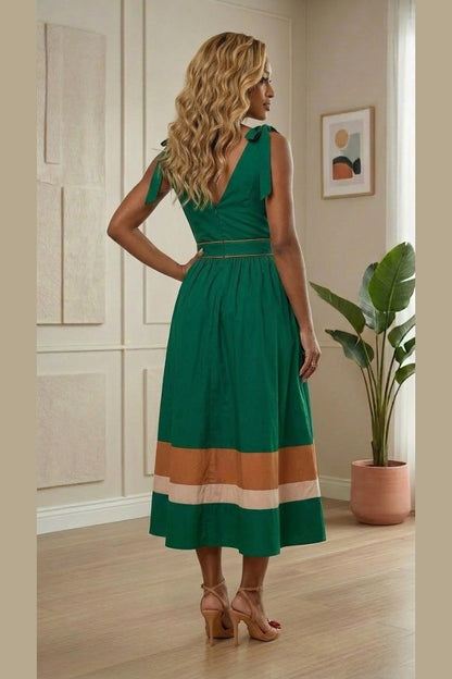 Emerald Grace Tie-Shoulder Midi Dress