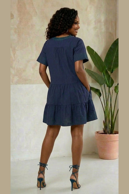 Valentina Embroidered Tiered Dress - Blue