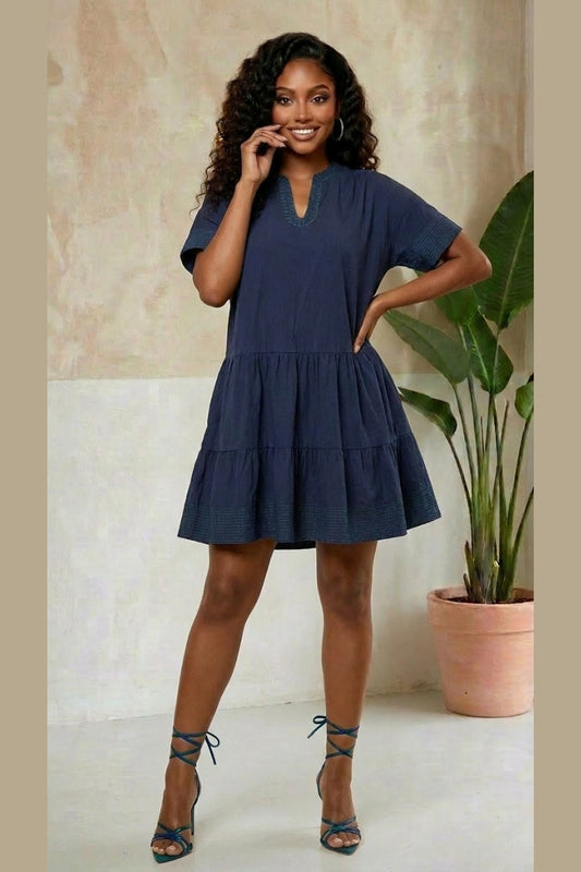 Valentina Embroidered Tiered Dress - Blue