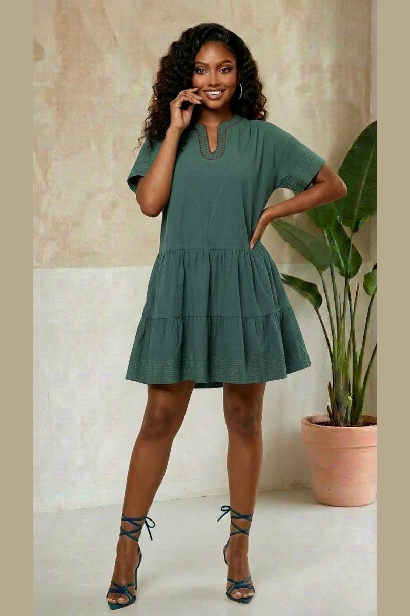 Valentina Embroidered Tiered Dress - Green