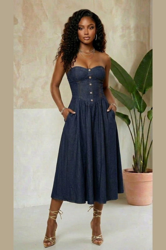 Noire Strapless Denim Midi Dress