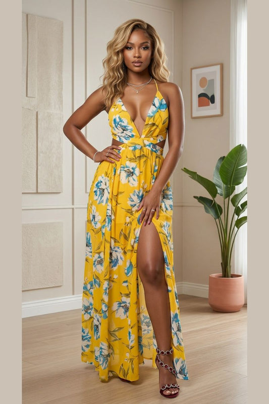 Printed Woven Maxi Dress - Yellow