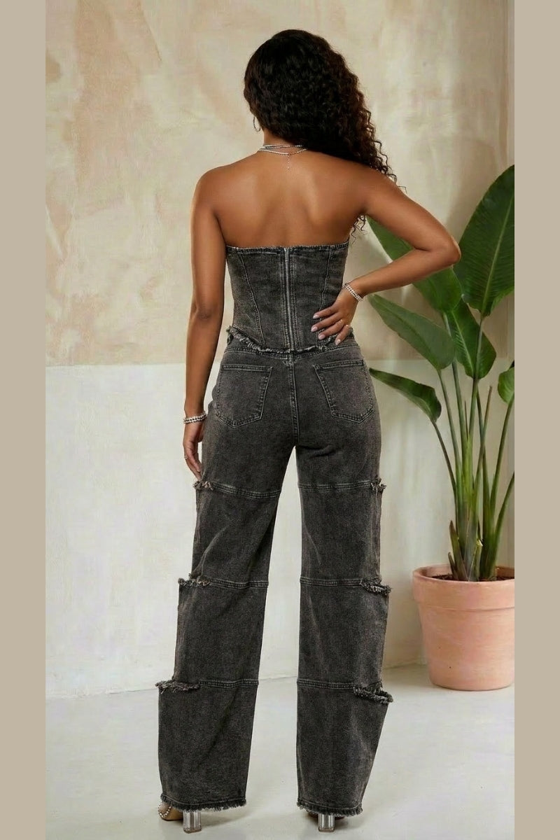 Midnight Muse Denim Corset Set - Black