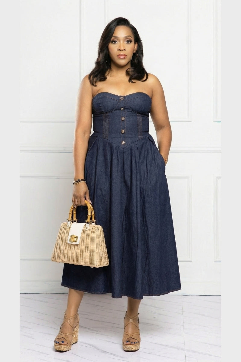 Noire Strapless Denim Midi Dress