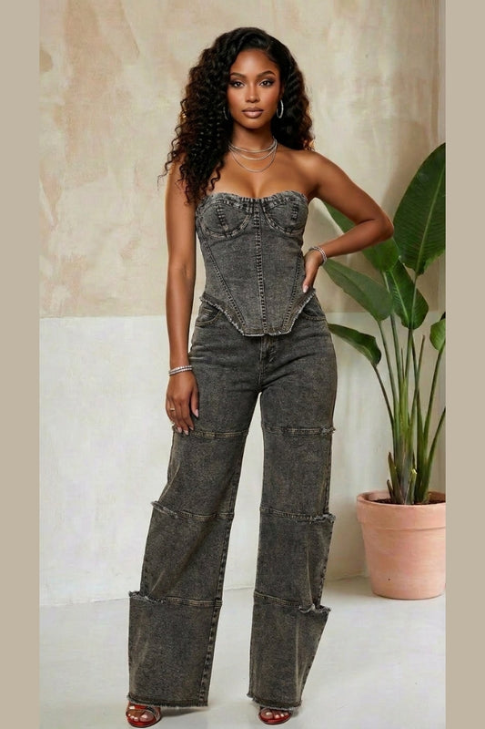 Midnight Muse Denim Corset Set - Black