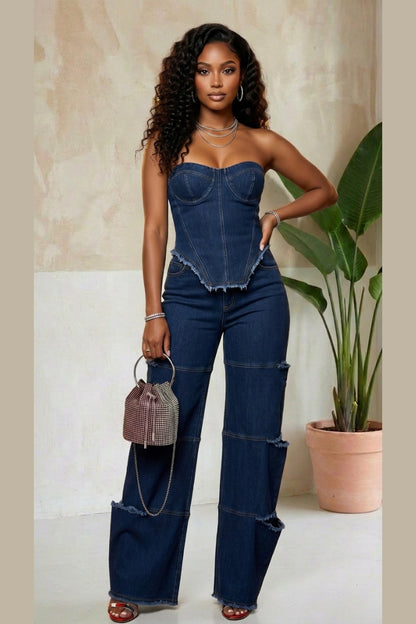 Midnight Muse Denim Corset Set - Blue
