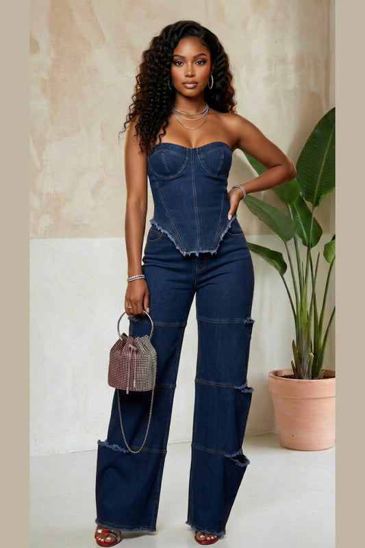 Midnight Muse Denim Corset Set - Blue