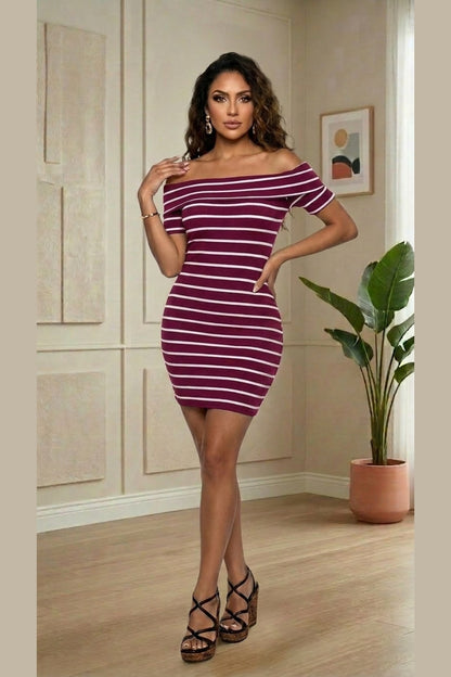 Stripe Off Shoulder Dress - Burgundy