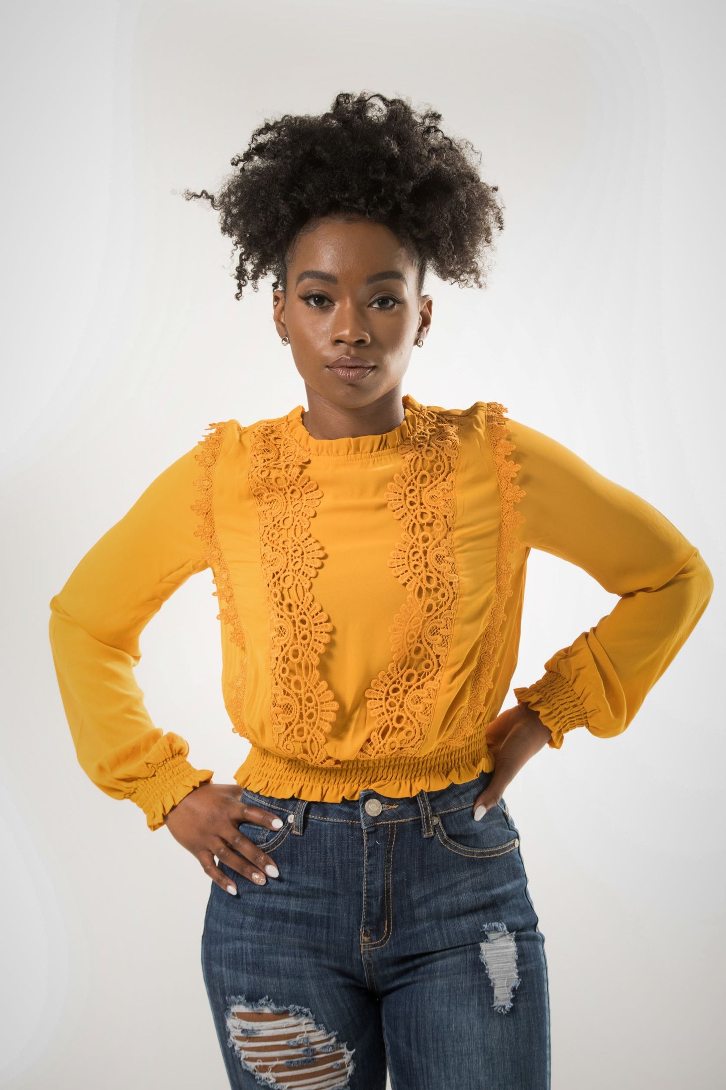 Lace Long Sleeve Blouse - Mustard
